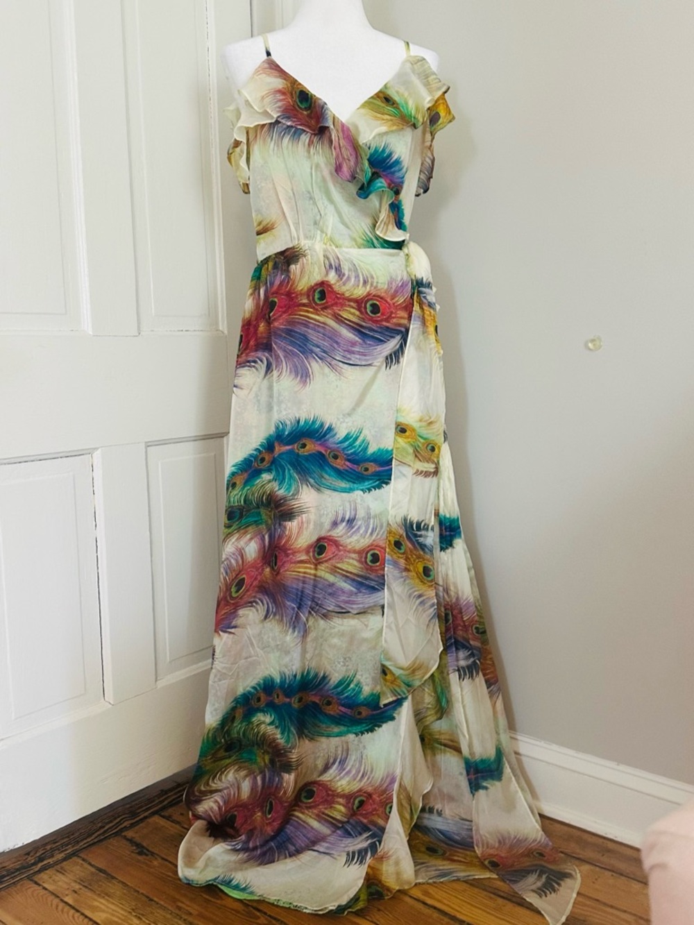 Silk Peacock Feather Print Maxi Dress NWT Medium
